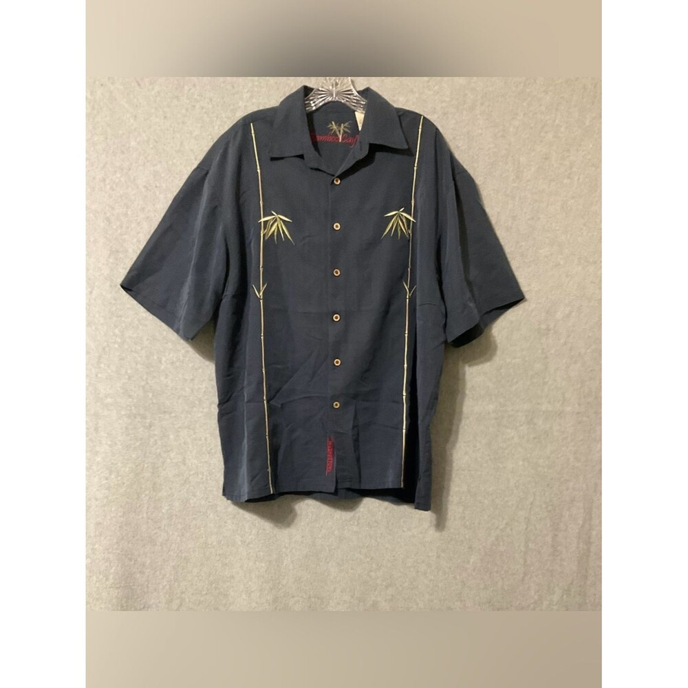 Vintage-Style Navy Bamboo Embroidered Short-Sleeve Shirt Sz L